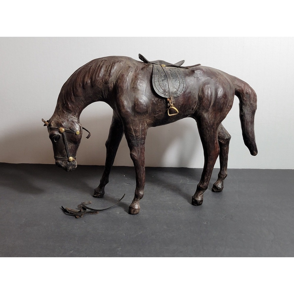 Vintage Paper Mache Brown Horse Statue Leather Accents MCM Mid Century Modern